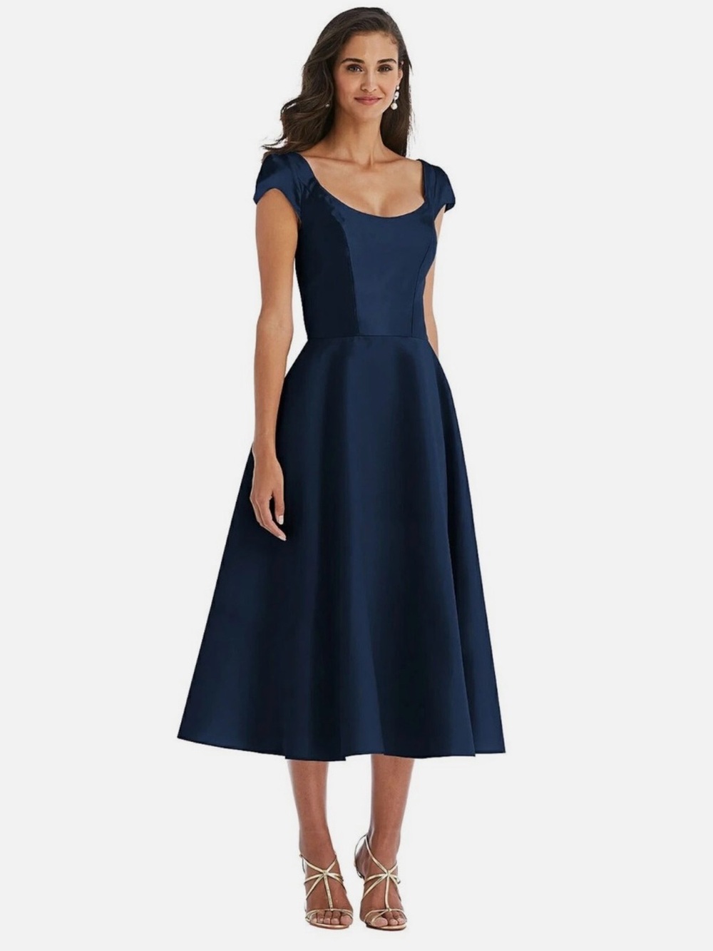 NWT Alfred Sung Midnight Blue Cap Sleeve Satin Midi Cocktail Dress